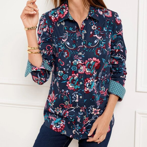 NEW Talbots Modern Classic 100% Cotton Shirt Navy Floral Paisley PETITE - Picture 1 of 4